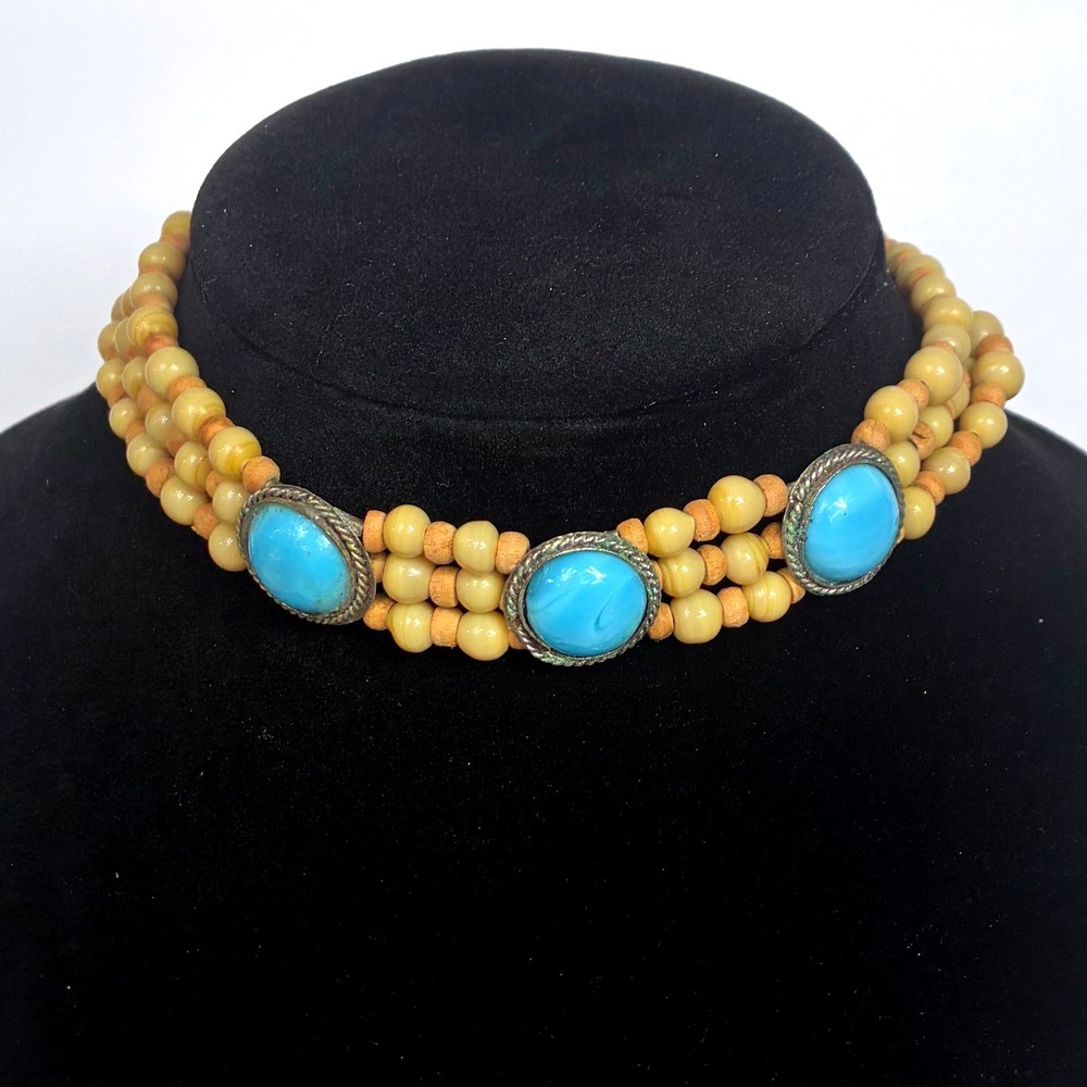 VTG‎ Triple Strand Boho Choker Necklace Tan Bead & Turquoise Cabochon Collar 15"